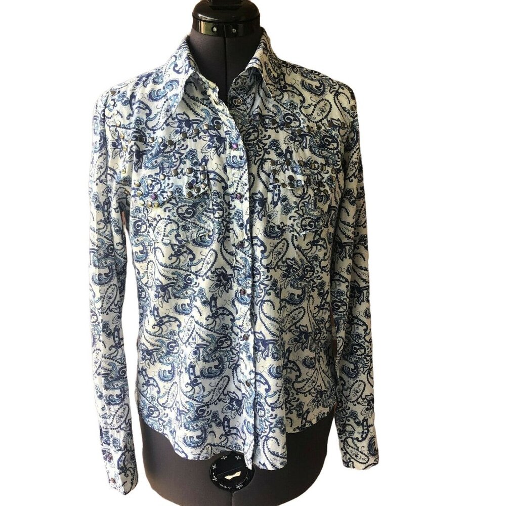 Romeo & Juliet Couture Western Style Blue Paisley Snap-Front Shirt Studded Sz. L